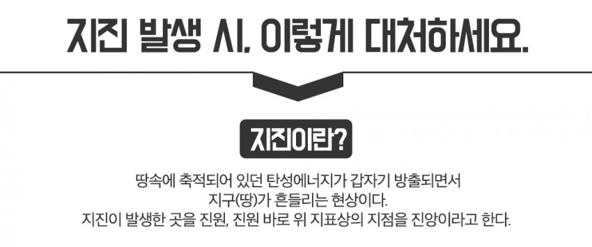 지진 발생 시, 이렇게 대처하세요. 지진이란? 땅속에 축적되어 있던 탄성에너지가 갑자기 방출되면서 지구(땅)가 흔들리는 현상이다. 지진이 발생한 곳을 진원, 진원 바로 위 지표상의 지점을 진앙이라고 한다.